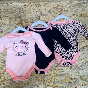 (3 Pk) Leopard, Black, Light Pink Adorable Kitty Cat Long Sleeve Onesies Sz 0-3
